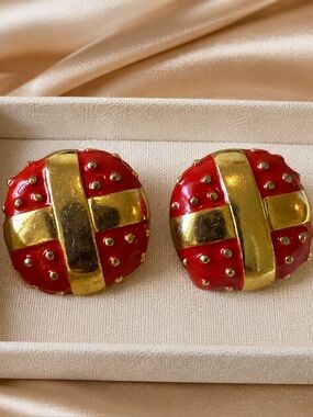 Vintage Gay Boyer Red Enamel Gold Tone Clip-On Earrings | Signed | Statement